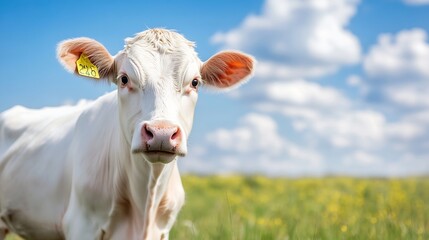 Poster - Curious young cow standing in a vibrant green field under a bright blue sky filled with fluffy clouds : Generative AI