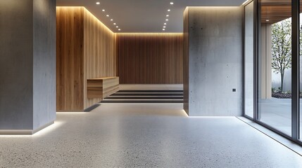Poster - Modern interior design featuring a stylish lobby with wooden and concrete elements and ambient lighting : Generative AI