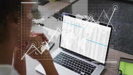 Poster - Analyzing data with world map and graphs overlay, person using laptop