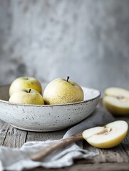 Poster - Freshly Harvested Apples Arranged in a Rustic Bowl with Slices on a Wooden Table : Generative AI