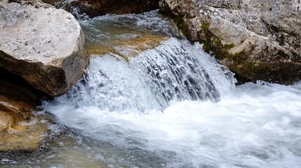 Poster - Dynamic close up of clear water flowing over rocks in a tranquil stream : Generative AI