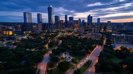 Aufkleber - Vibrant city skyline at dusk with glowing lights and towering buildings against a darkening sky : Generative AI
