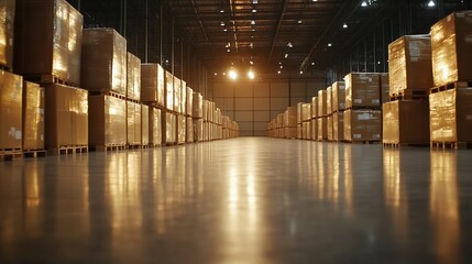 Leinwandbilder - Warehouse interior with neatly stacked boxes illuminated by soft overhead lights : Generative AI