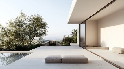 Aufkleber - Modern Minimalist Outdoor Living Space with Stylish Decor and Scenic Views : Generative AI