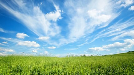 Aufkleber - Vast Open Field with Lush Green Grass Under Bright Blue Sky Filled with Fluffy Clouds : Generative AI