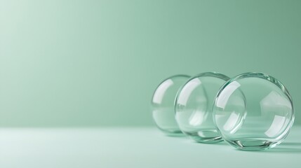Poster - Three elegant glass spheres on a soft green background creating a minimalist aesthetic for modern design : Generative AI