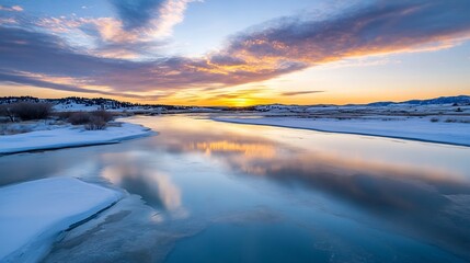 Poster - Stunning winter landscape with a frozen river reflecting the colorful sunset sky and tranquil scenery : Generative AI