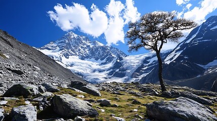 Poster - Stunning Mountain Landscape with Isolated Tree and Snow Capped Peaks Under Blue Sky : Generative AI