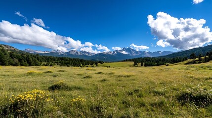 Aufkleber - Stunning panoramic view of a lush green meadow with majestic mountains under a bright blue sky : Generative AI