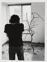 Poster - Reflective black and white image of a figure in an abandoned room with a tree branch : Generative AI