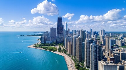 Poster - Breathtaking Aerial View of Chicago Skyline Along the Beautiful Lake Michigan Shoreline : Generative AI