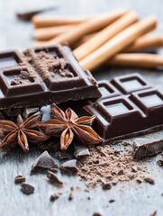 Aufkleber - Rich dark chocolate pieces lying next to star anise and cinnamon sticks on a rustic wooden table : Generative AI