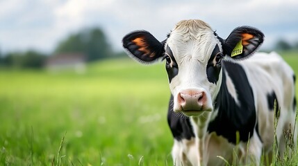 Aufkleber - Close up view of a curious black and white calf standing in lush green grass under a bright sky : Generative AI