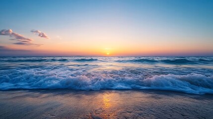 Poster - Beautiful seascape at dusk with waves crashing gently on the sandy beach reflecting the vibrant sunset colors : Generative AI