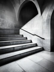 Leinwandbilder - Minimalistic Black and White Photograph of Sleek Stone Stairs Curving Upward with Dramatic Light : Generative AI