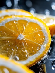 Aufkleber - Juicy sliced lemon with droplets glistening on a dark surface showcasing freshness : Generative AI