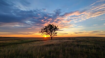 Poster - Breathtaking sunset illuminating a solitary tree in an open field with vibrant colors reflected in the sky : Generative AI