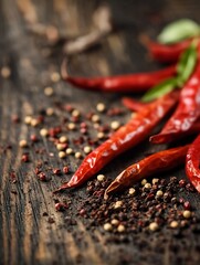 Aufkleber - Vibrant dried red chili peppers scattered on rustic wooden background highlighting culinary spices : Generative AI