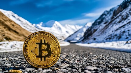 Poster - Bitcoin coin placed on a gravel road with majestic snowcapped mountains in the background : Generative AI