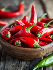Aufkleber - Vibrant red chili peppers arranged in a rustic wooden bowl showcasing their intense color and freshness : Generative AI