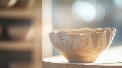 Poster - Elegant ceramic bowl with unique texture and soft sunlight highlights for decorative purposes : Generative AI