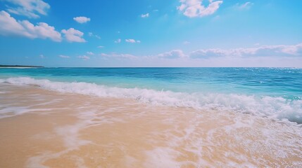 Poster - Idyllic beach scene with gentle waves crashing on sandy shore under bright blue sky : Generative AI
