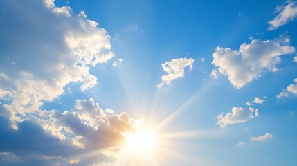 Aufkleber - Vibrant blue sky with fluffy white clouds and bright sun rays creating an inviting and uplifting atmosphere : Generative AI