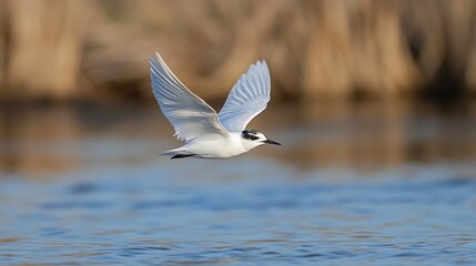 Leinwandbilder - Graceful Bird in Flight over Calm Water with Smooth Background Blur : Generative AI