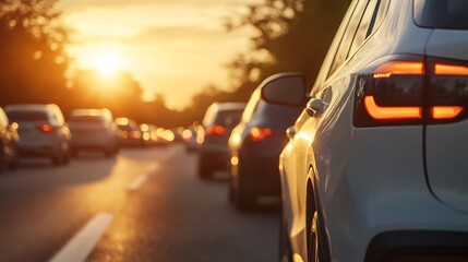 Aufkleber - Urban traffic jam during sunset creating a picturesque scene on the road : Generative AI