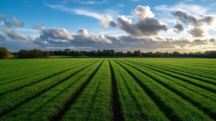 Aufkleber - Lush Green Field Under a Bright Blue Sky with Fluffy Clouds Enhancing the Landscape : Generative AI