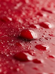 Poster - Closeup view of a single droplet of red liquid resting on a smooth shiny surface creating a vivid detail shot : Generative AI