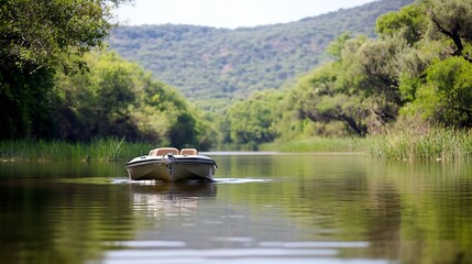Poster - Serene boat navigating through calm waters surrounded by lush green landscape and hills : Generative AI
