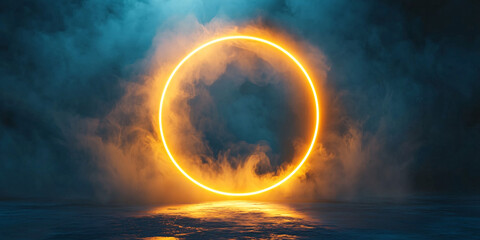 Wall Mural - neon yellow ring shrouded in smoke or fog. dark background. glow effect. 3d rendering. gold. modern 