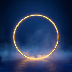 Wall Mural - neon yellow ring shrouded in smoke or fog. dark background. glow effect. 3d rendering. gold. modern 