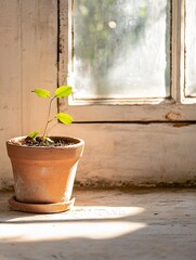 Poster - Small green plant growing in a terracotta pot near a sunlit window on a rustic surface : Generative AI