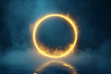 Wall Mural - neon yellow ring shrouded in smoke or fog. dark background. glow effect. 3d rendering. gold. modern 