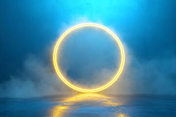 Wall Mural - neon yellow ring shrouded in smoke or fog. dark background. glow effect. 3d rendering. gold. modern 