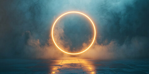 Wall Mural - neon yellow ring shrouded in smoke or fog. dark background. glow effect. 3d rendering. gold. modern 