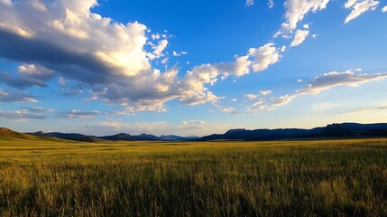 Aufkleber - Beautiful Wide Open Field Under Bright Blue Sky with Clouds and Surrounding Mountains in the Horizon : Generative AI