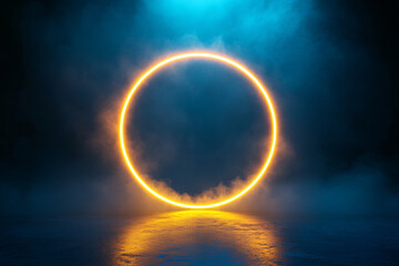 Wall Mural - neon yellow ring shrouded in smoke or fog. dark background. glow effect. 3d rendering. gold. modern 