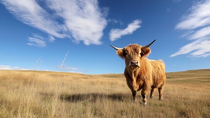 Poster - Highland cow stands in vibrant landscape under clear blue sky embodying rural charm : Generative AI