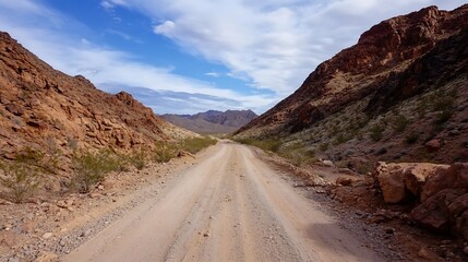 Aufkleber - Desert landscape with rocky mountains and a dusty road leading into the horizon : Generative AI