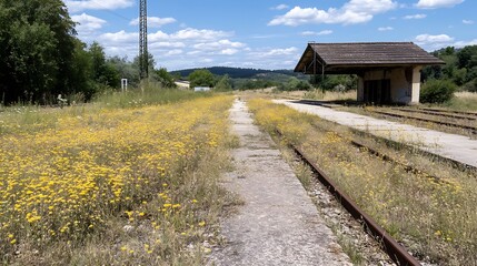 Poster - Abandoned railway station overgrown with wildflowers under a clear blue sky : Generative AI