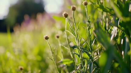 Poster - CloseUp of Green Grass and Wildflowers in a Natural Setting Under Bright Sunlight : Generative AI