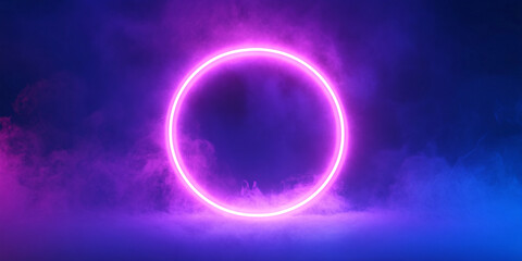 Wall Mural - neon violet ring shrouded in smoke or fog. dark background. glow effect. 3d rendering. modern style.