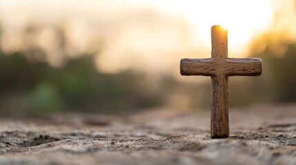 Poster - Natural wooden cross standing in sunlight against a soft blurred backdrop of nature : Generative AI