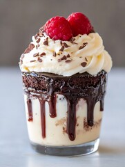 Aufkleber - Decadent Chocolate Dessert Cup with Vanilla Ice Cream and Fresh Raspberries Topped with Whipped Cream : Generative AI