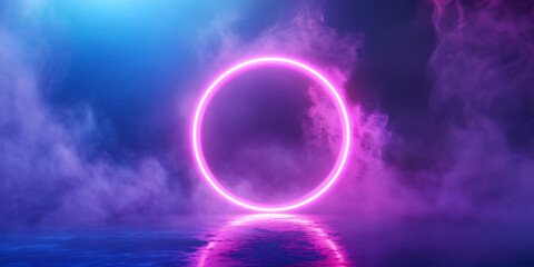 Wall Mural - neon violet ring shrouded in smoke or fog. dark background. glow effect. 3d rendering. modern style.