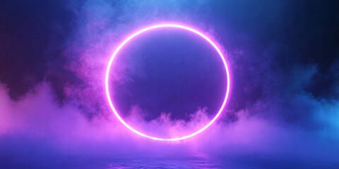 Wall Mural - neon violet ring shrouded in smoke or fog. dark background. glow effect. 3d rendering. modern style.