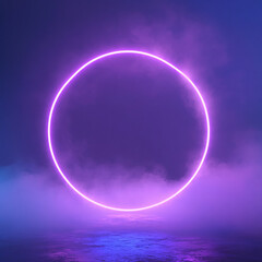 Wall Mural - neon violet ring shrouded in smoke or fog. dark background. glow effect. 3d rendering. modern style.
